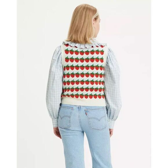 Levi’s STRAWBERRIES CLOUD DANCER sweater vest top size Medium Cream Red - Picture 2 of 7